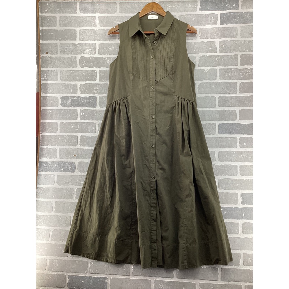 MAYE Womens Olive Green Cotton Sleeveless Button Down Midi Shirtdress Size S
